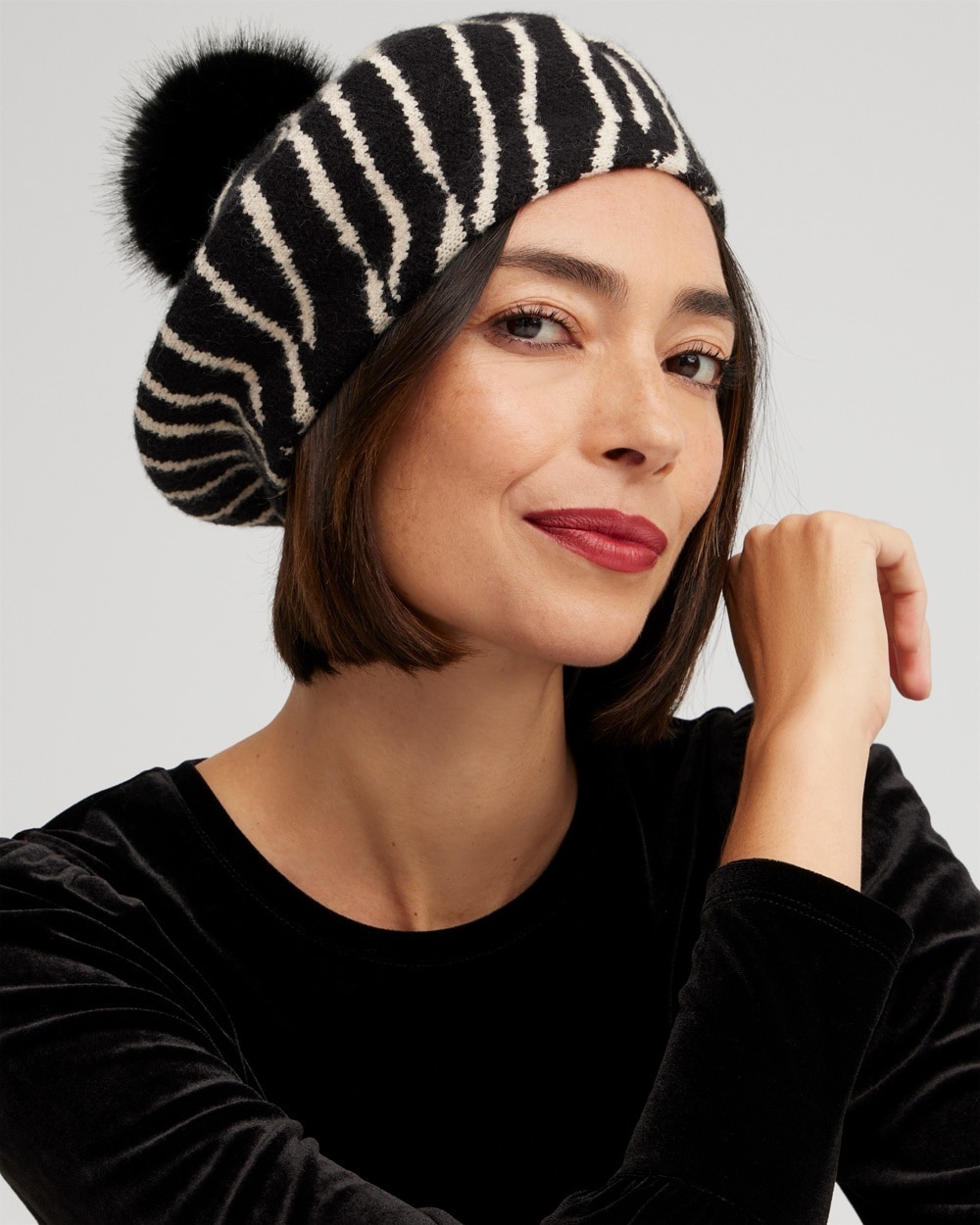 Chico's Best Sellers | Embellished Zebra Print Beret Zebra B/W