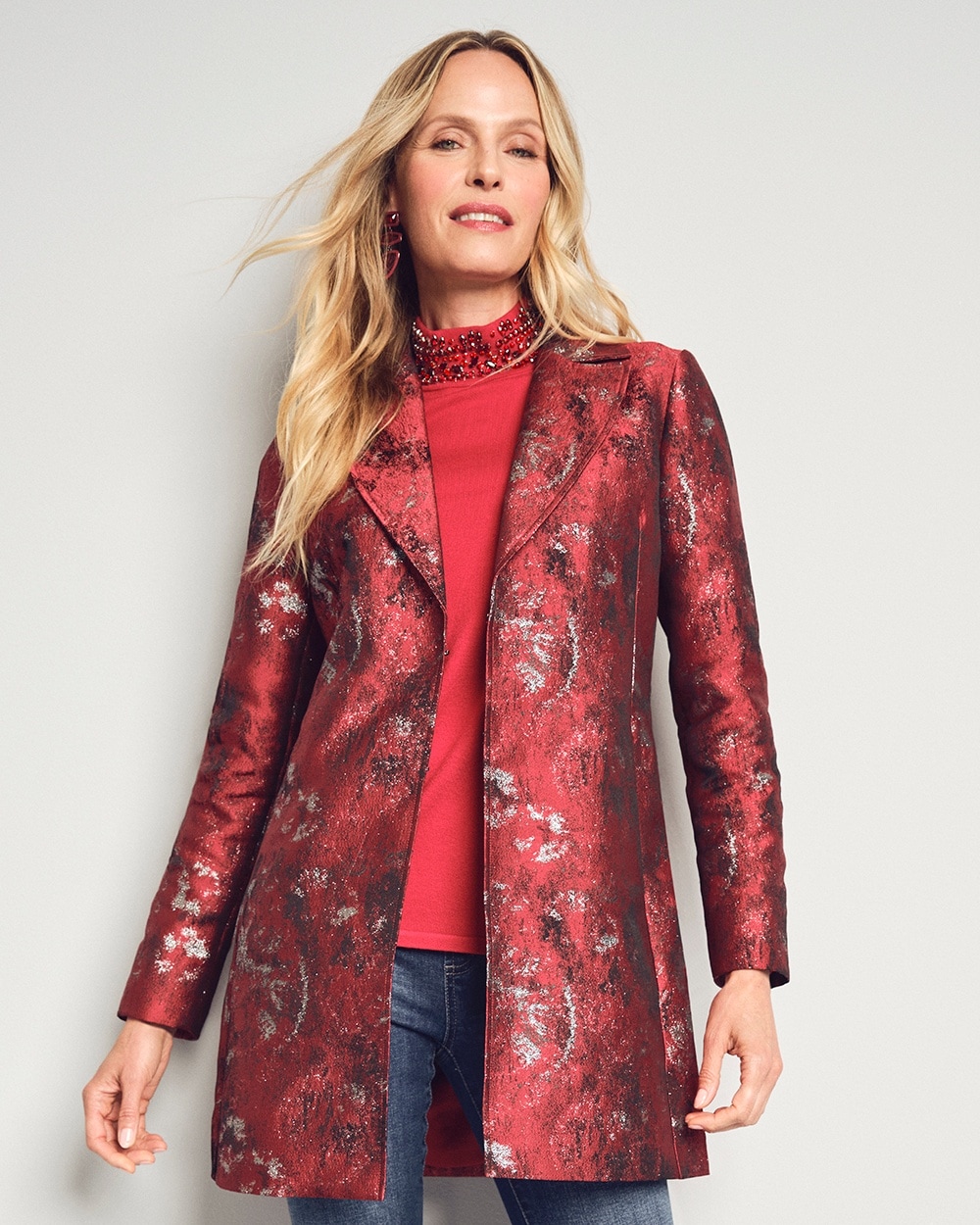 Chico's Jackets & Coats | Jacquard Topper Red