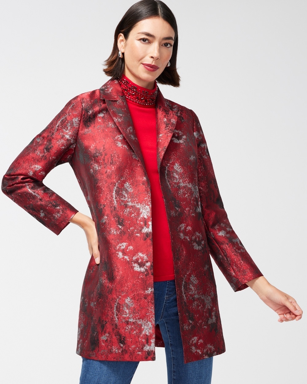 Chico's Jackets & Coats | Jacquard Topper Red