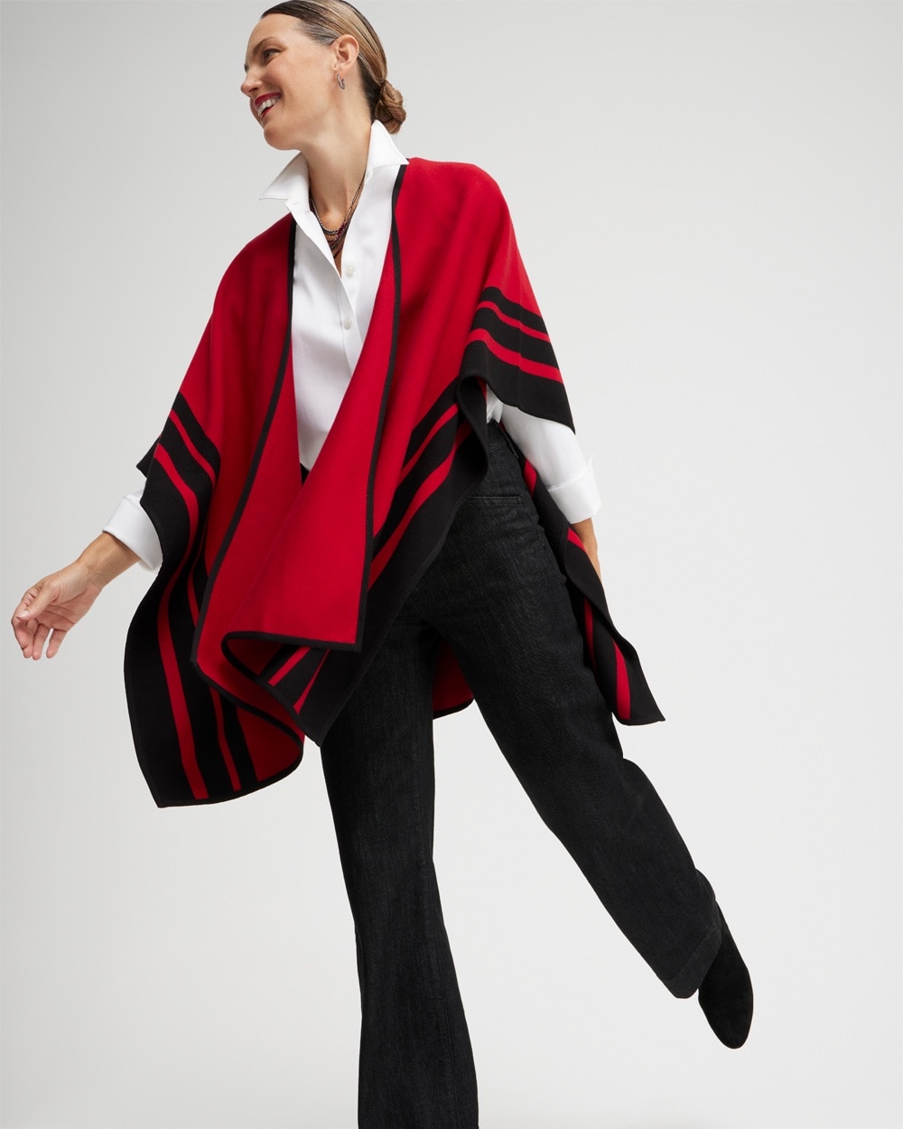 Chico's Sweaters | Red Stripe Border Ruana Black