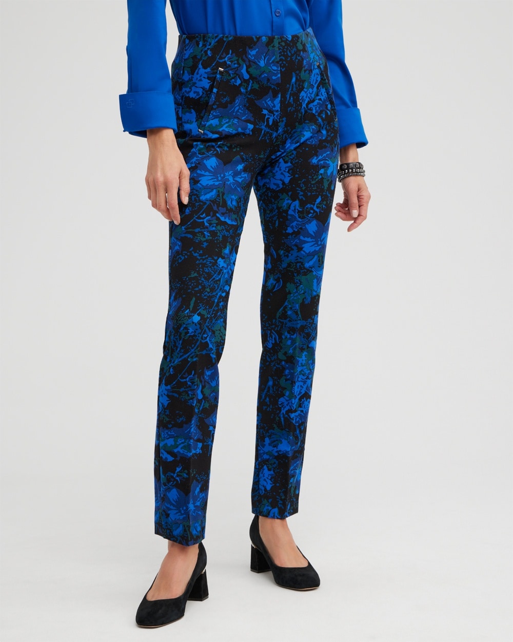 Chico's Pants | Juliet Floral Metallic Trim Ankle Pants Black And Blue