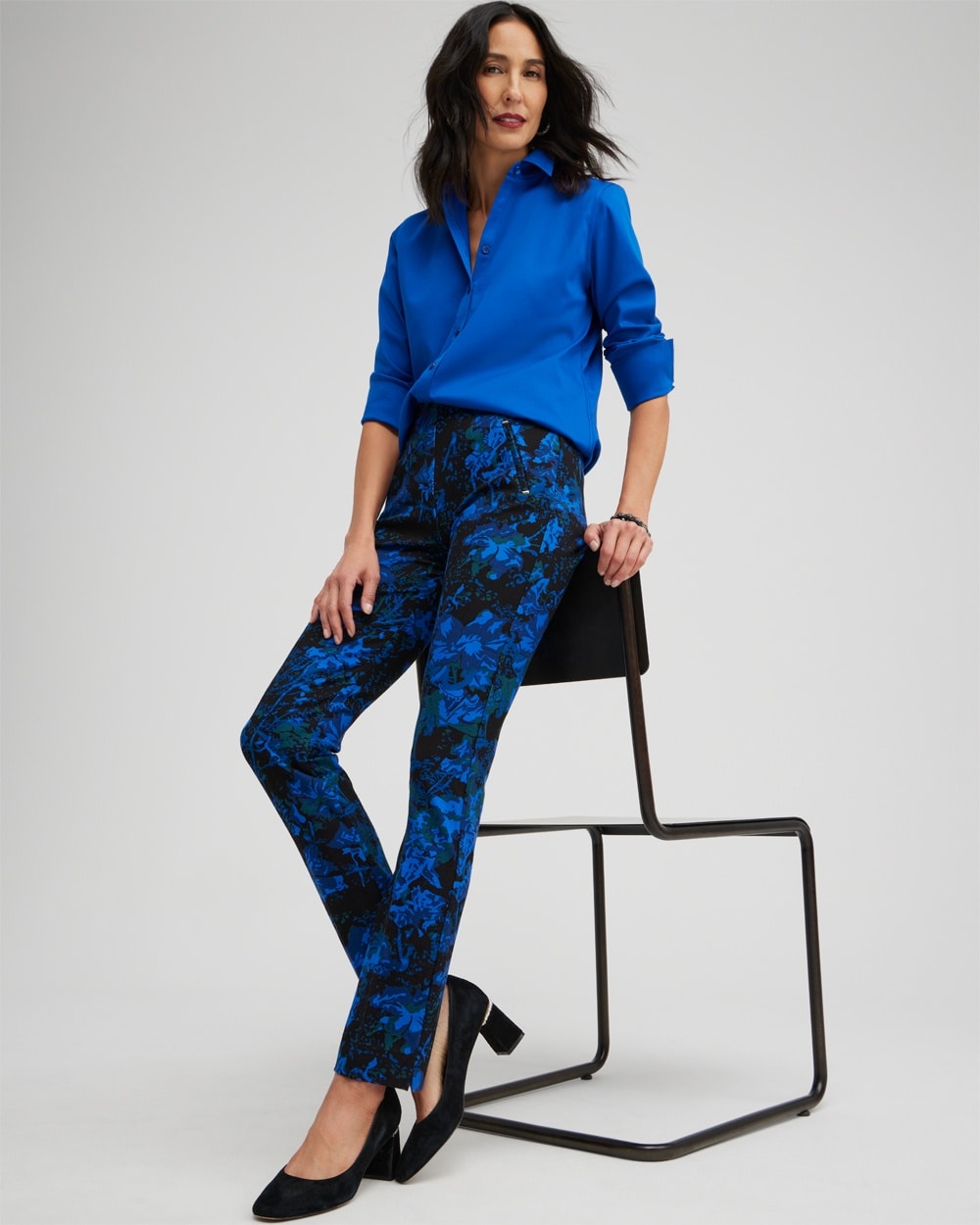 Chico's Pants | Juliet Floral Metallic Trim Ankle Pants Black And Blue