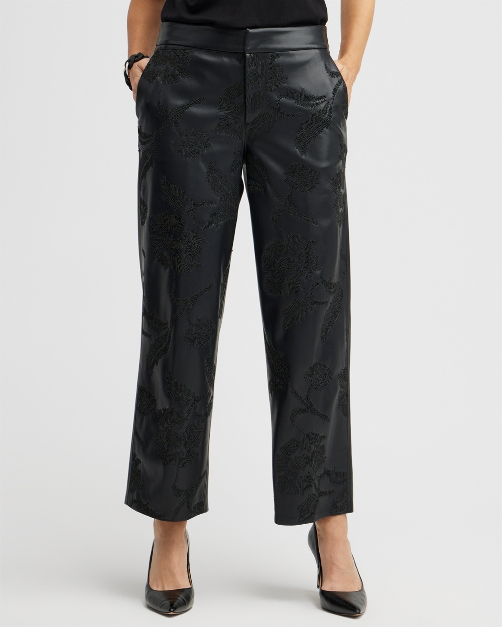 Chico's Pants | Faux Leather Embroidered Wide Leg Pants Black