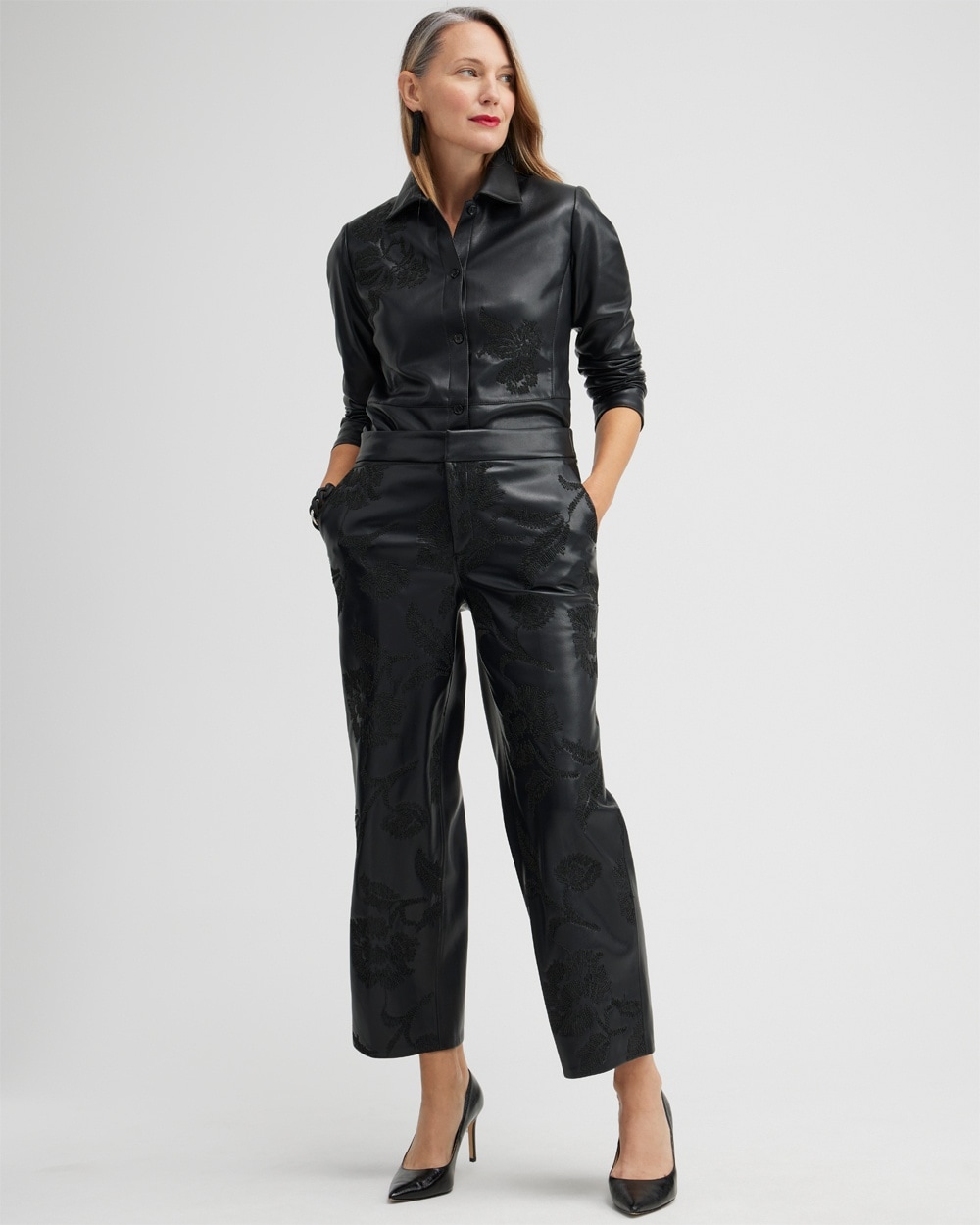 Chico's Pants | Faux Leather Embroidered Wide Leg Pants Black