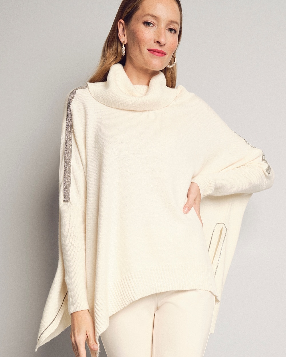 Chico's Best Sellers | Ball Chain Knit Poncho English Cream