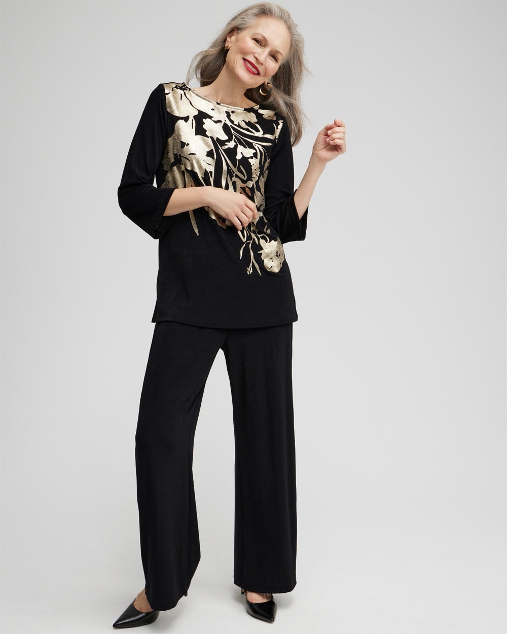 Chico's | Travelers Placed Foil Tunic Gold