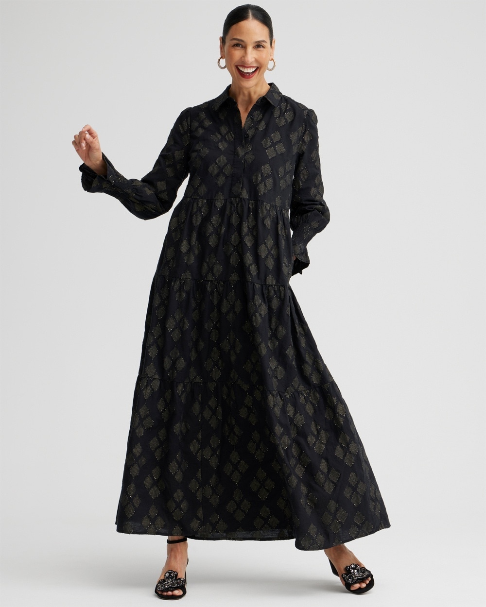 Chico's Dresses & Skirts | Lurex Tiered Shirt Dress Black