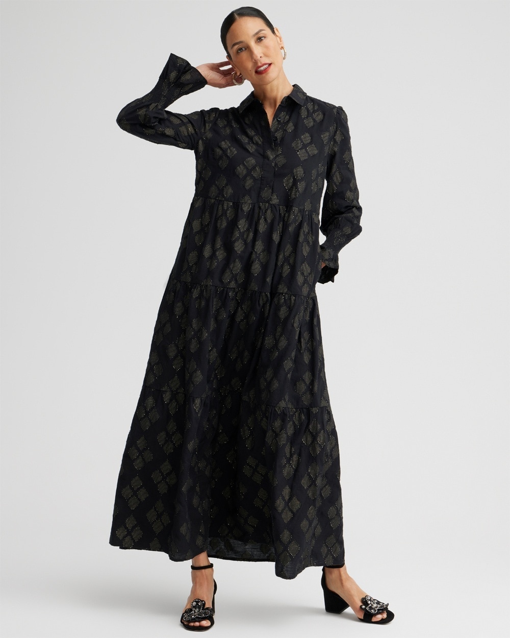 Chico's Dresses & Skirts | Lurex Tiered Shirt Dress Black