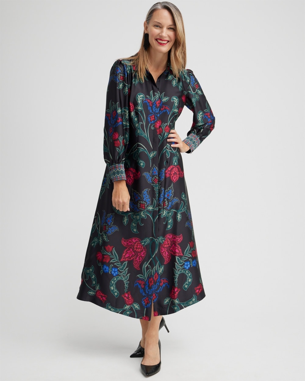 Chico's Dresses & Skirts | Satin Scroll Print Shirt Dress Black