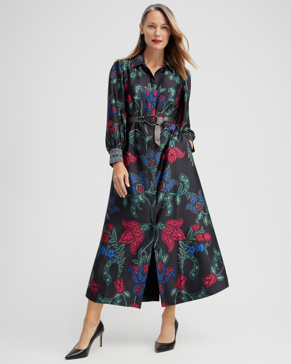 Chico's Dresses & Skirts | Satin Scroll Print Shirt Dress Black