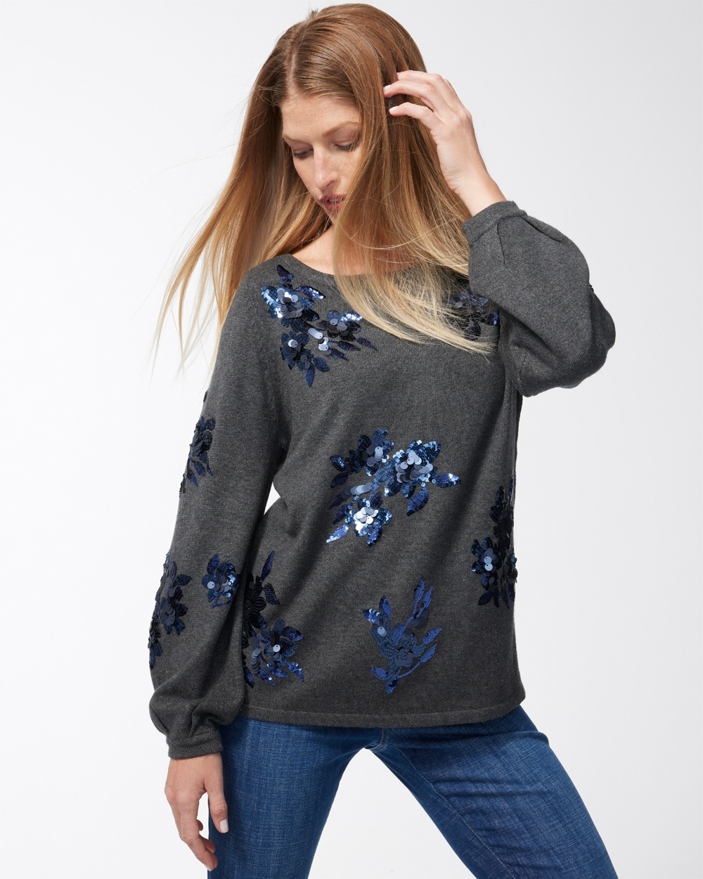 Chico's Sweaters | Floral Sequin Pullover Sweater Graphite Heather Gray