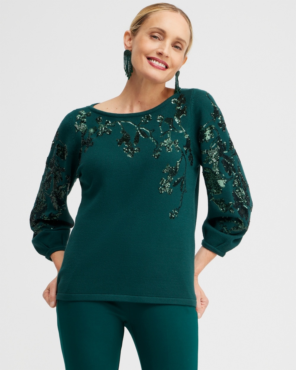 Chico's Sweaters | Sequin Floral Pullover Sweater Enchanted Forest