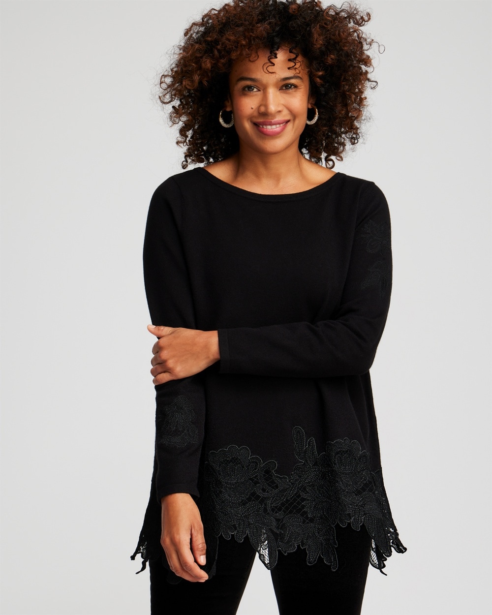 Chico's Sweaters | Cashmere Blend Lace Hem Pullover Sweater Black