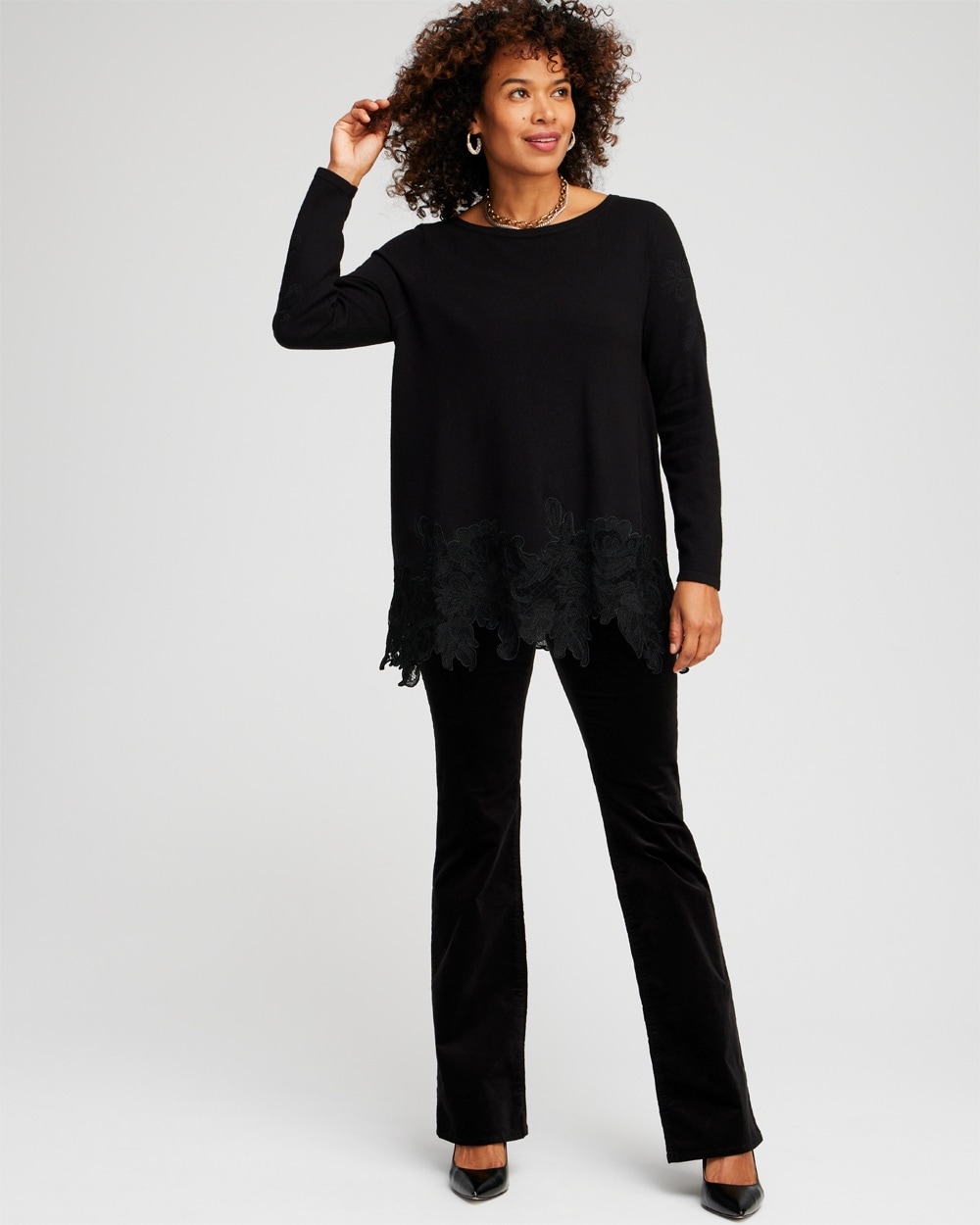 Chico's Sweaters | Cashmere Blend Lace Hem Pullover Sweater Black