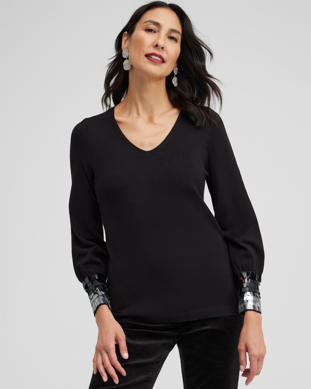 Chico's Sweaters | Sequin Cuff Pullover Sweater Black