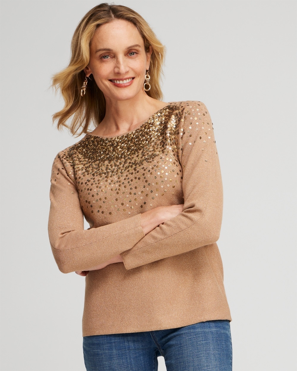 Chico's Sweaters | Ombre Sequin Pullover Sweater Faux Camel Heather