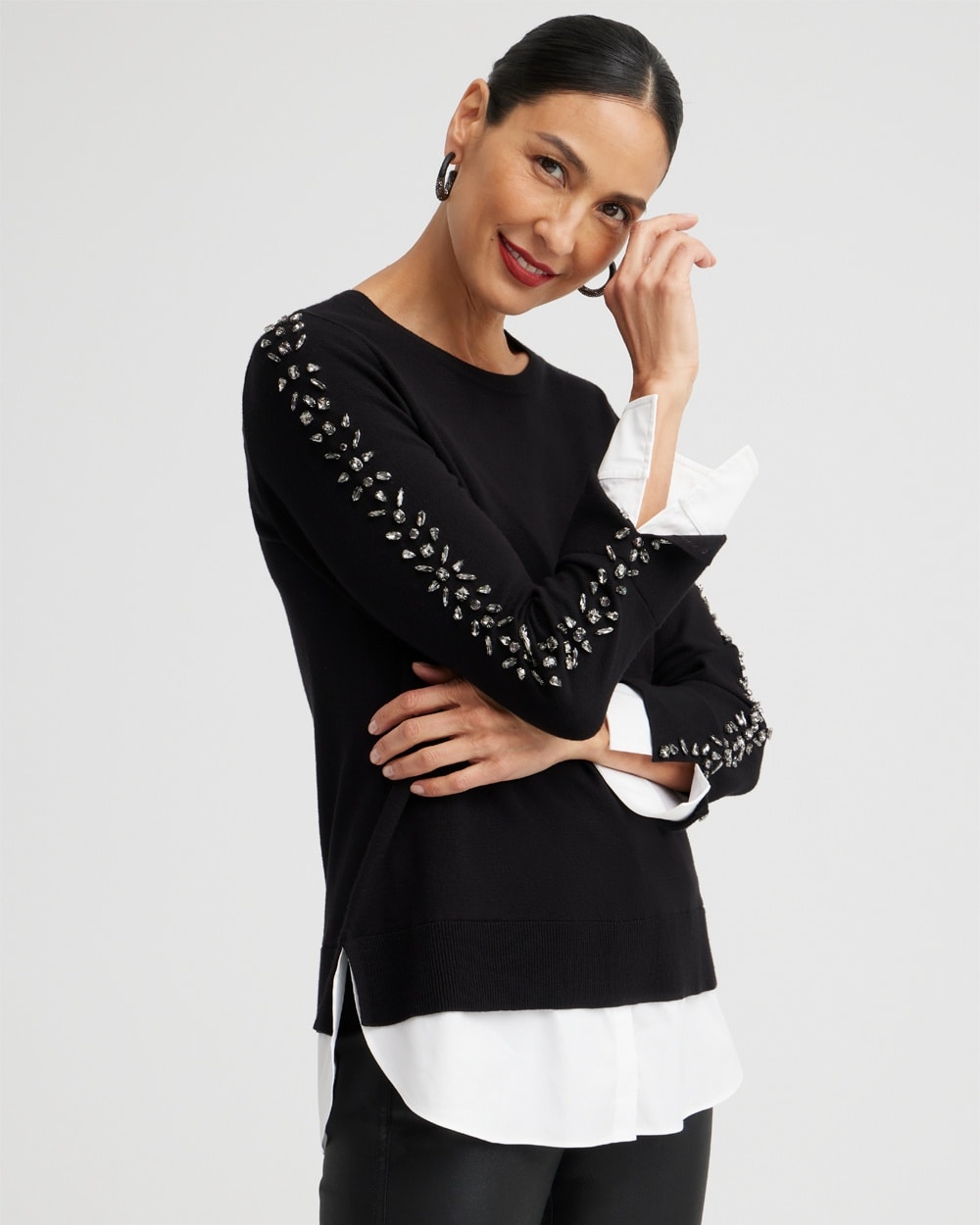 Chico's Best Sellers | Knit Woven Rhinestone Pullover Sweater Black