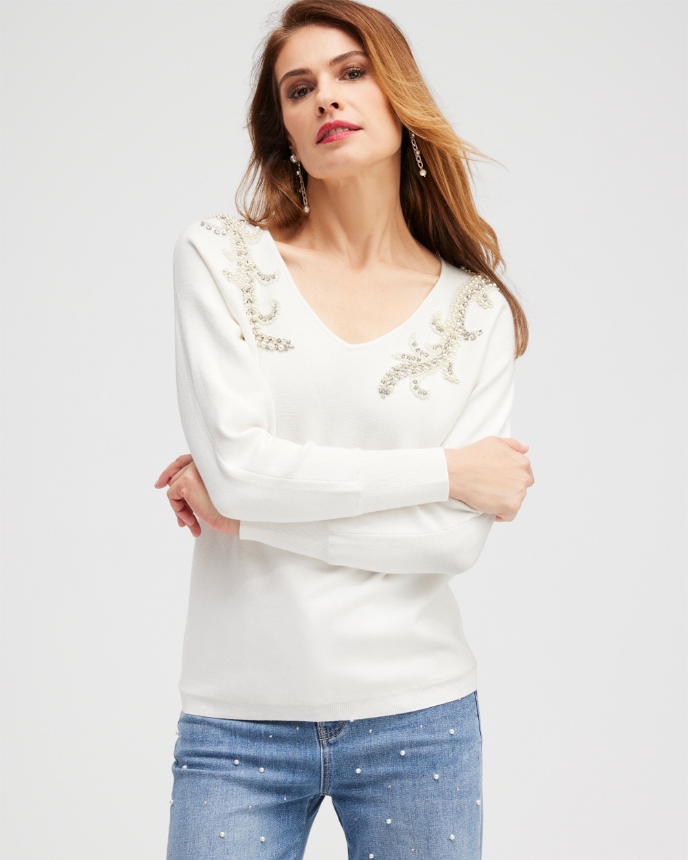 Chico's Sweaters | Faux Pearl Pullover Sweater Ecru