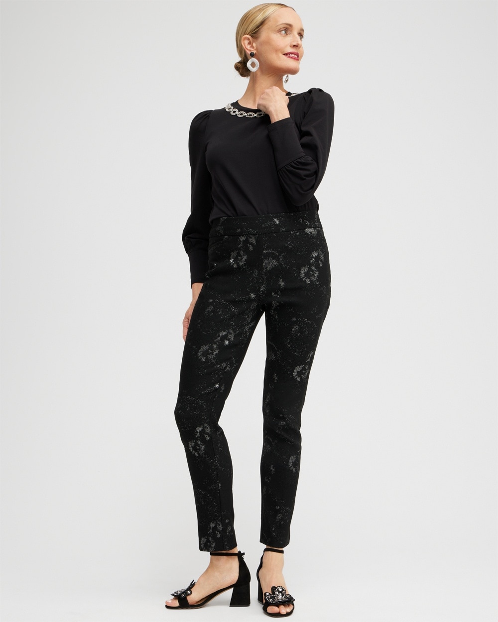 Chico's Jackets | Petite Brigitte Lurex Jacquard Ankle Pants Black/Silver