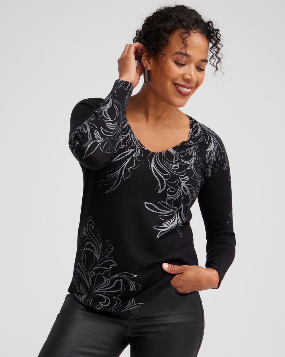 Chico's Sweaters | Foil Detail V-neck Pullover Sweater Black