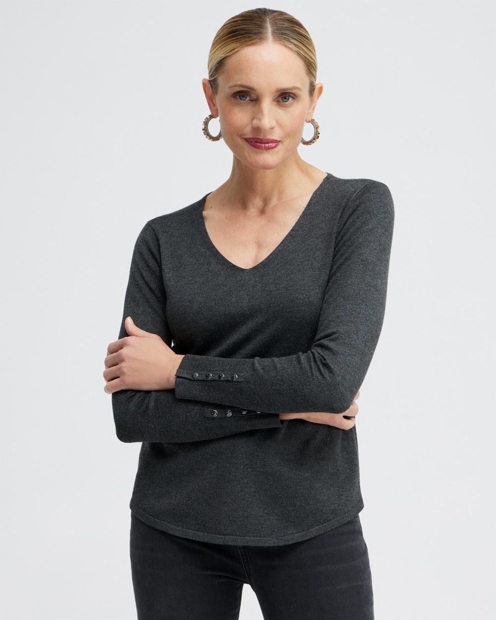 Chico's Sweaters | Button Cuff V-neck Pullover Sweater Graphite Heather Gray