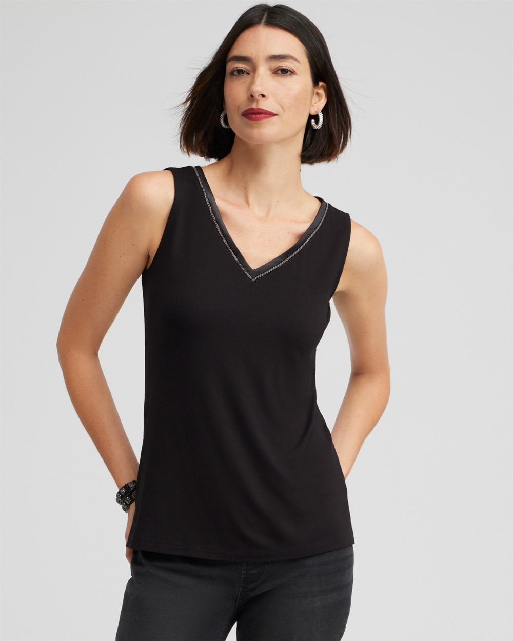 Chico's Tops | Touch of Cool Satin Trim Tank Black