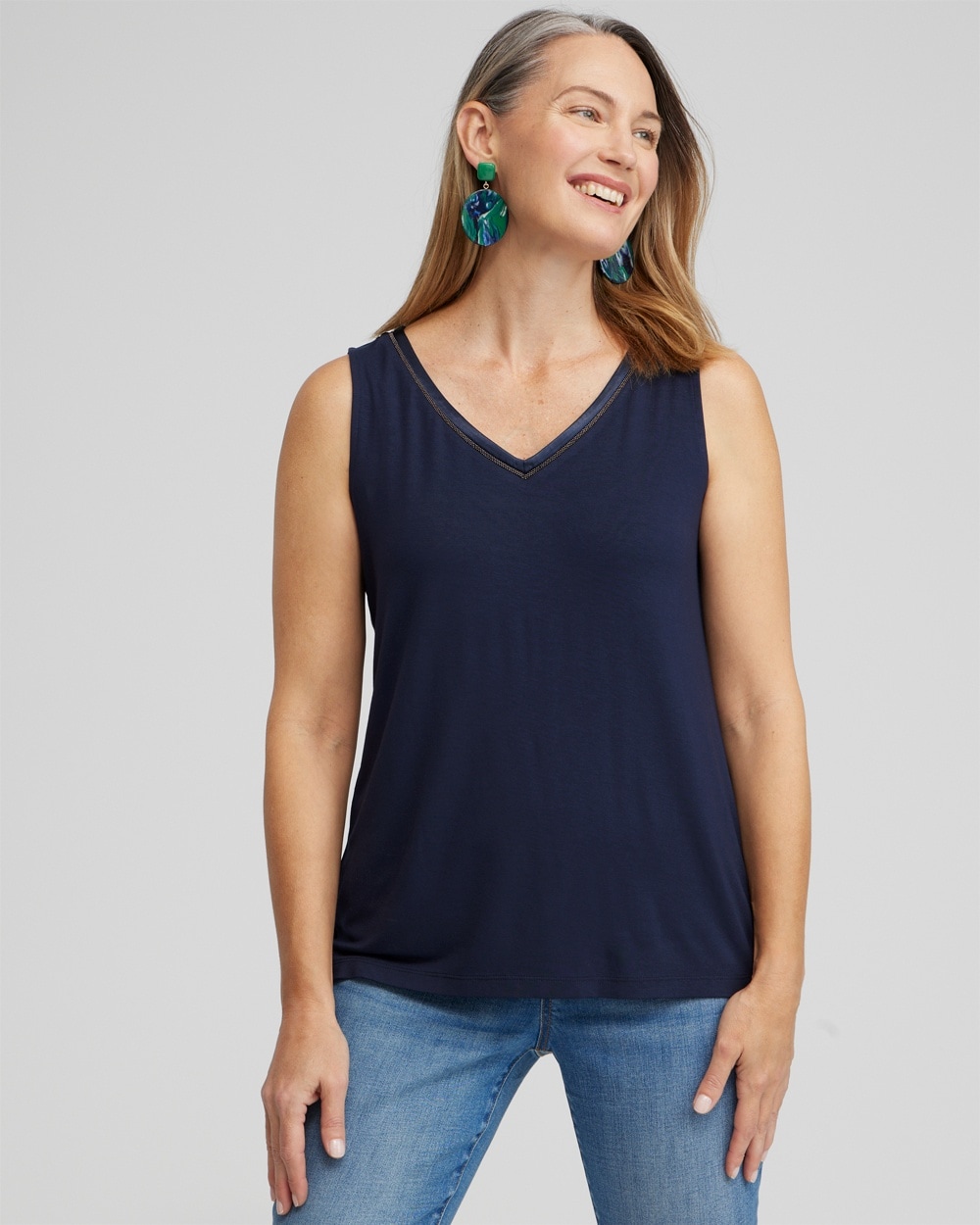 Chico's Tops | Touch of Cool™ Caviar Trim Tank Classic Navy