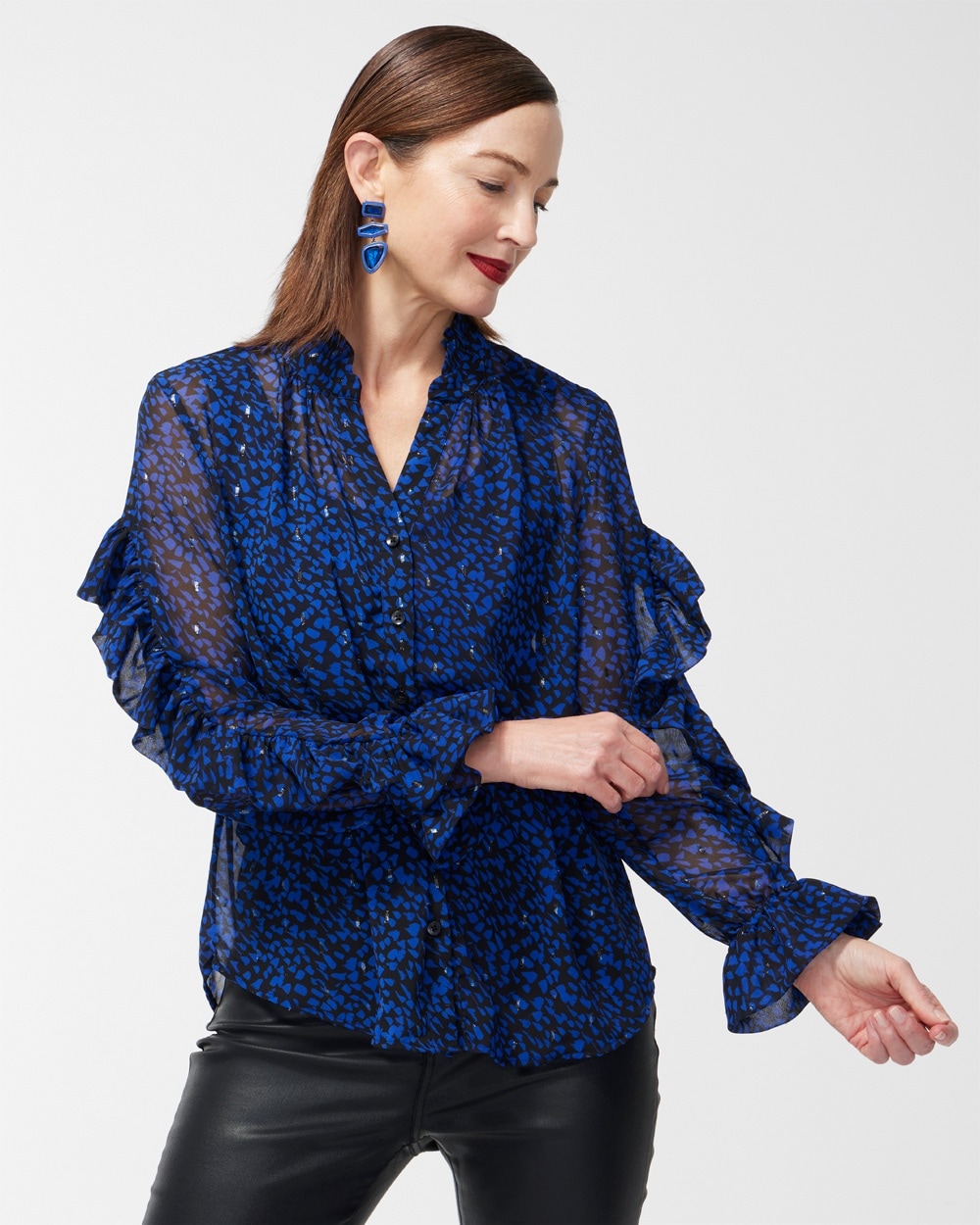 Chico's Best Sellers | Dot Print Ruffle Shirt Cosmic Cobalt