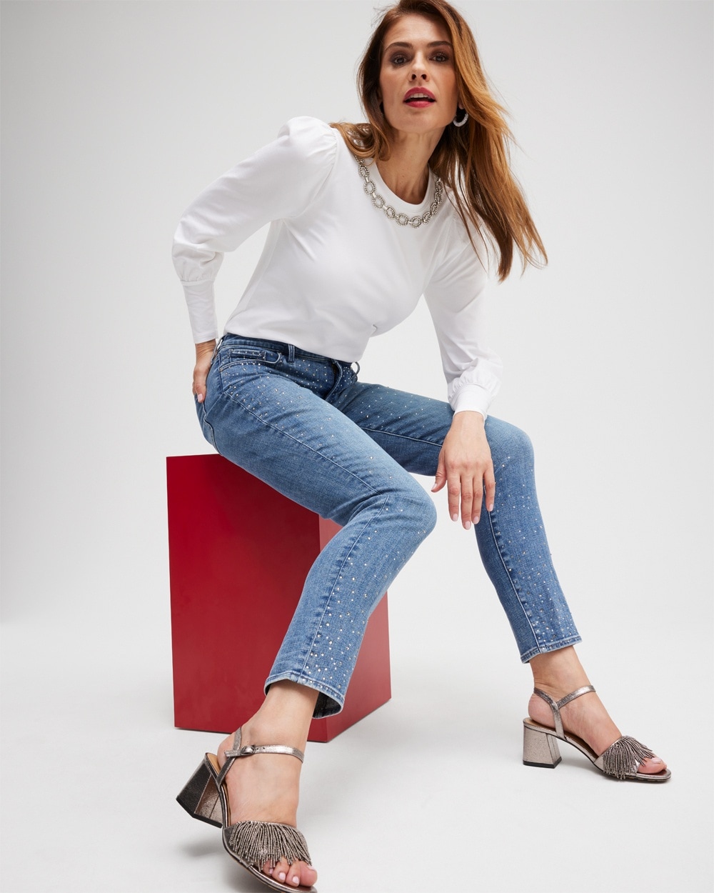 Chico's Jeans & Denim | Girlfriend Scattered Stone Ankle Jeans Cambridge Indigo