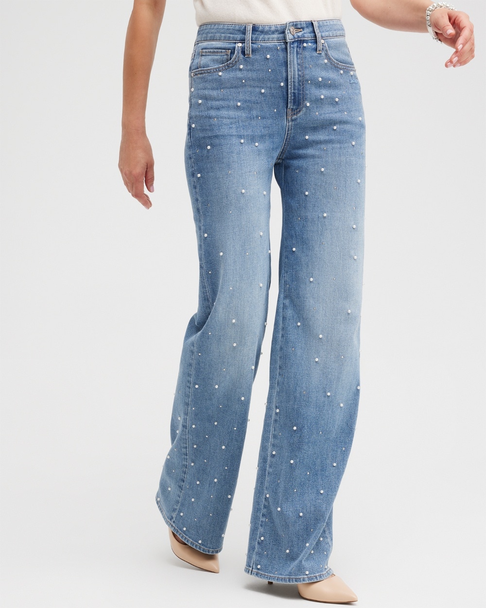 Chico's Dresses & Skirts | Petite High Rise Faux Pearl Wide Leg Jeans Silver Lake Indigo