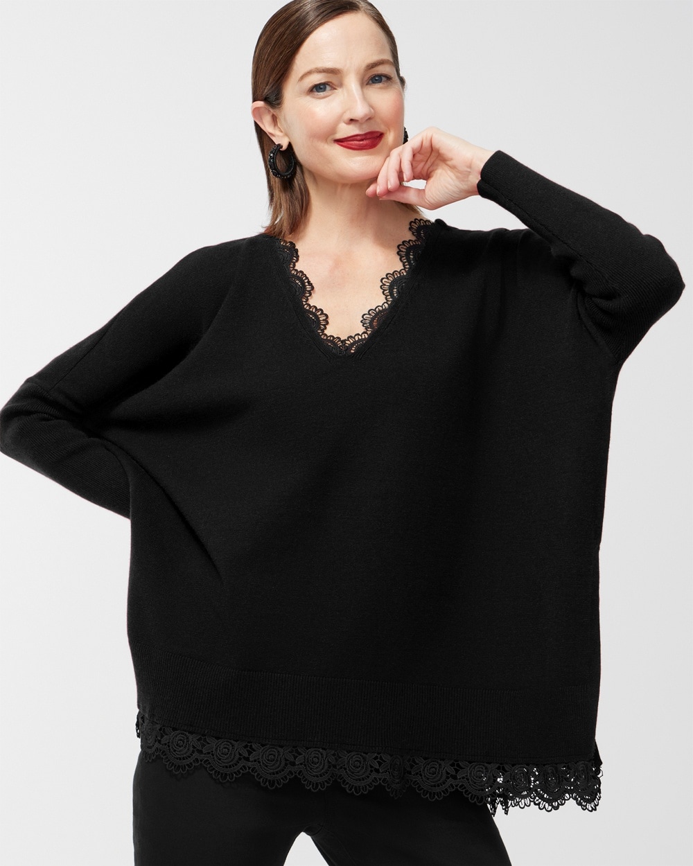 Chico's Scarves | Faux Leather Lace Trim Poncho Black