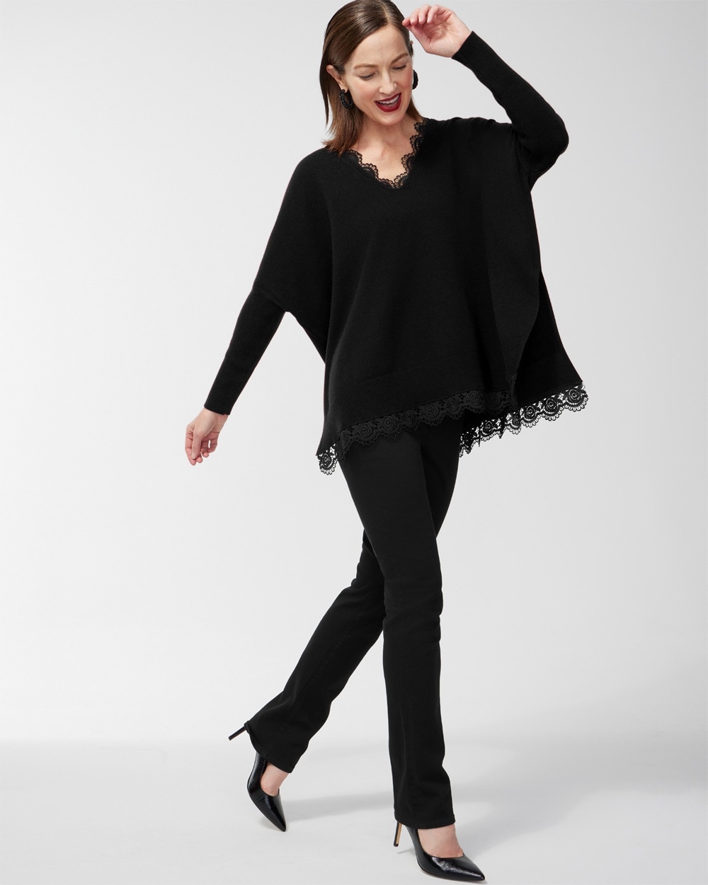 Chico's Scarves | Faux Leather Lace Trim Poncho Black