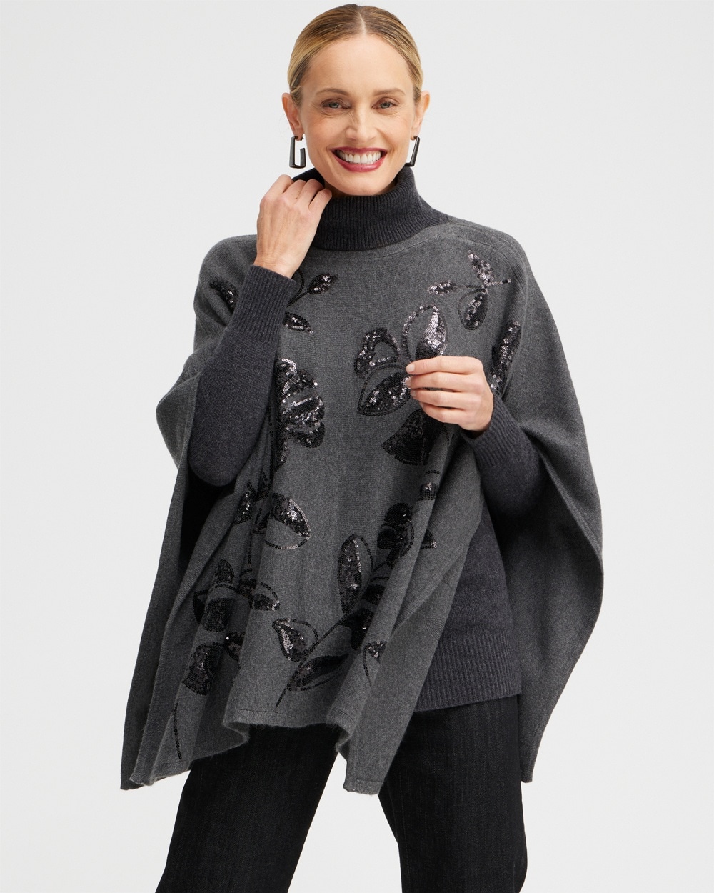 Chico's Scarves | Floral Sequin Sweater Poncho Graphite Heather Gray