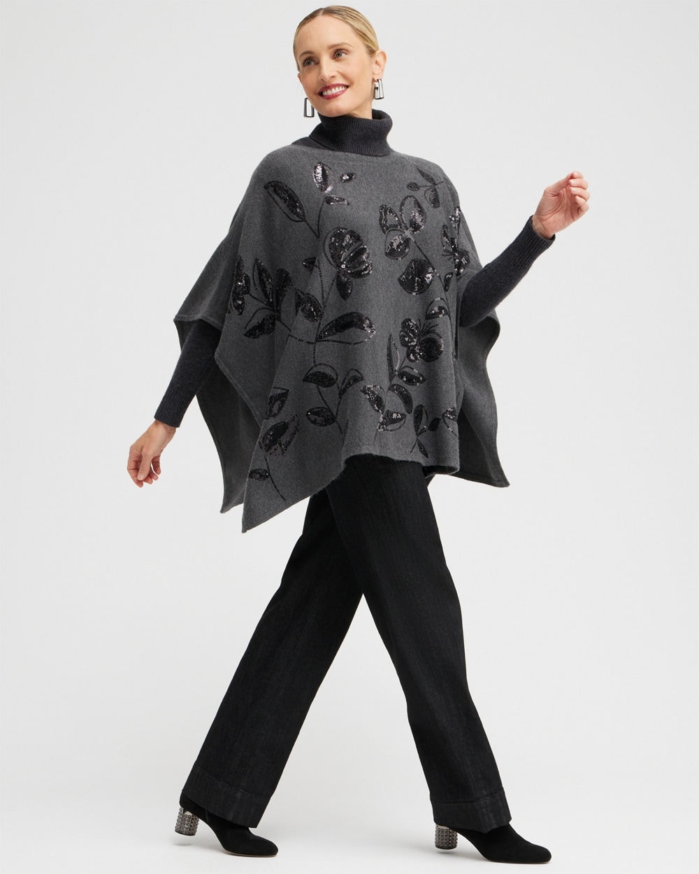 Chico's Scarves | Floral Sequin Sweater Poncho Graphite Heather Gray