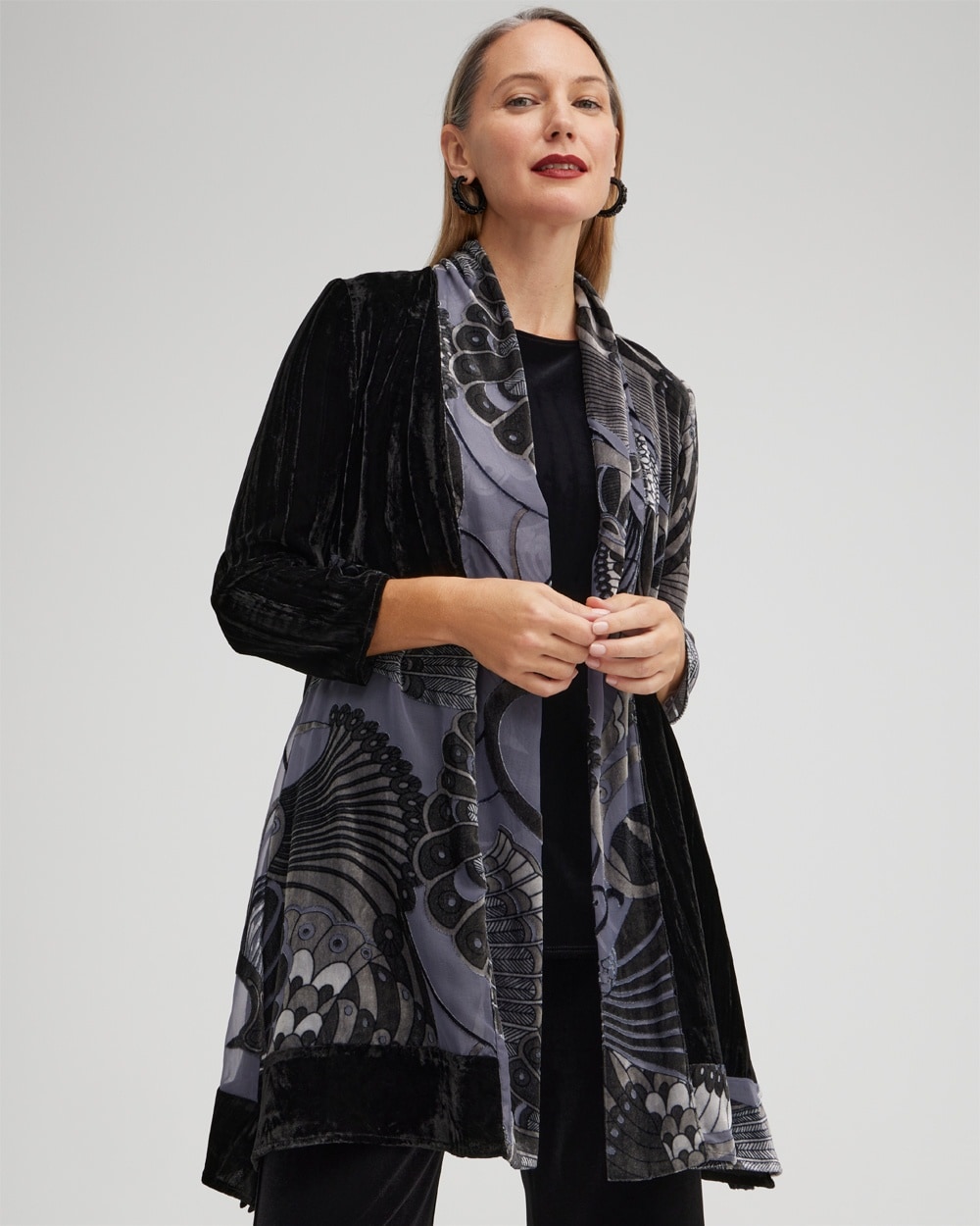 Chico's Jackets & Coats | Travelers Collection Velvet Peacock Burnout Kimono Travelers Black