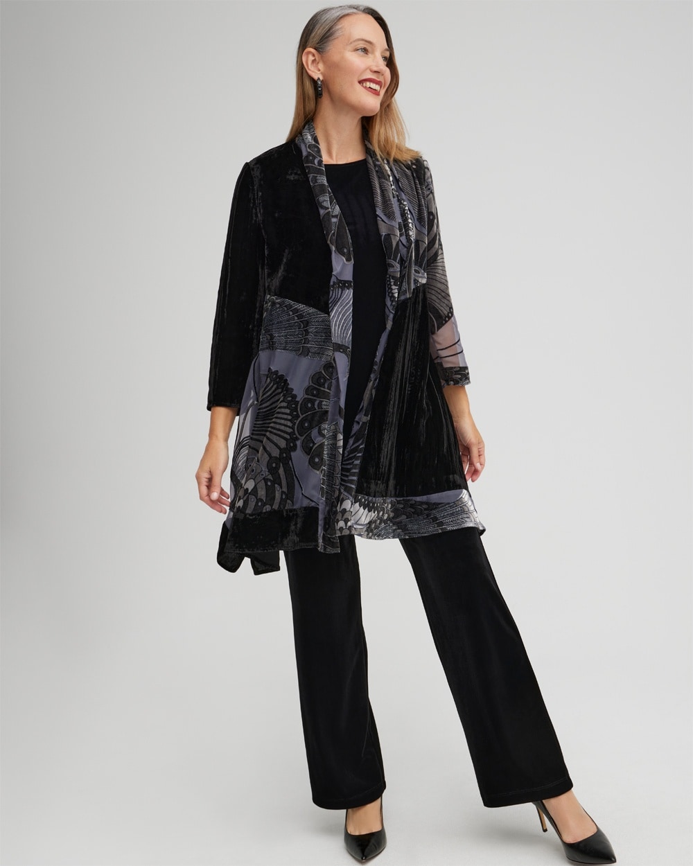 Chico's Jackets & Coats | Travelers Collection Velvet Peacock Burnout Kimono Travelers Black