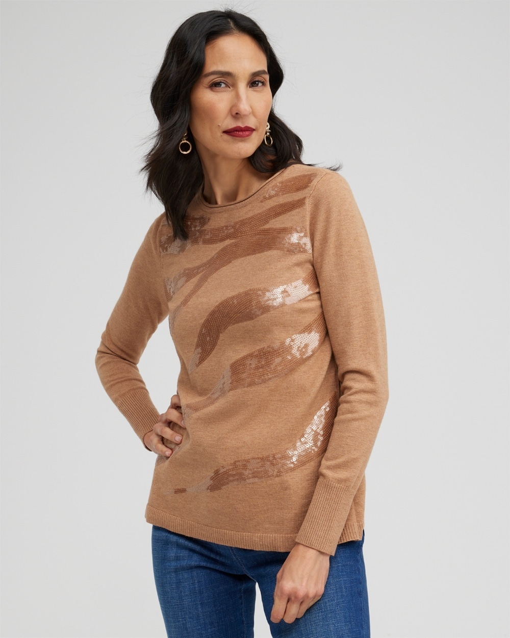 Chico's Sweaters | ECOVERO Sequin Animal Print Sweater Faux Camel Heather