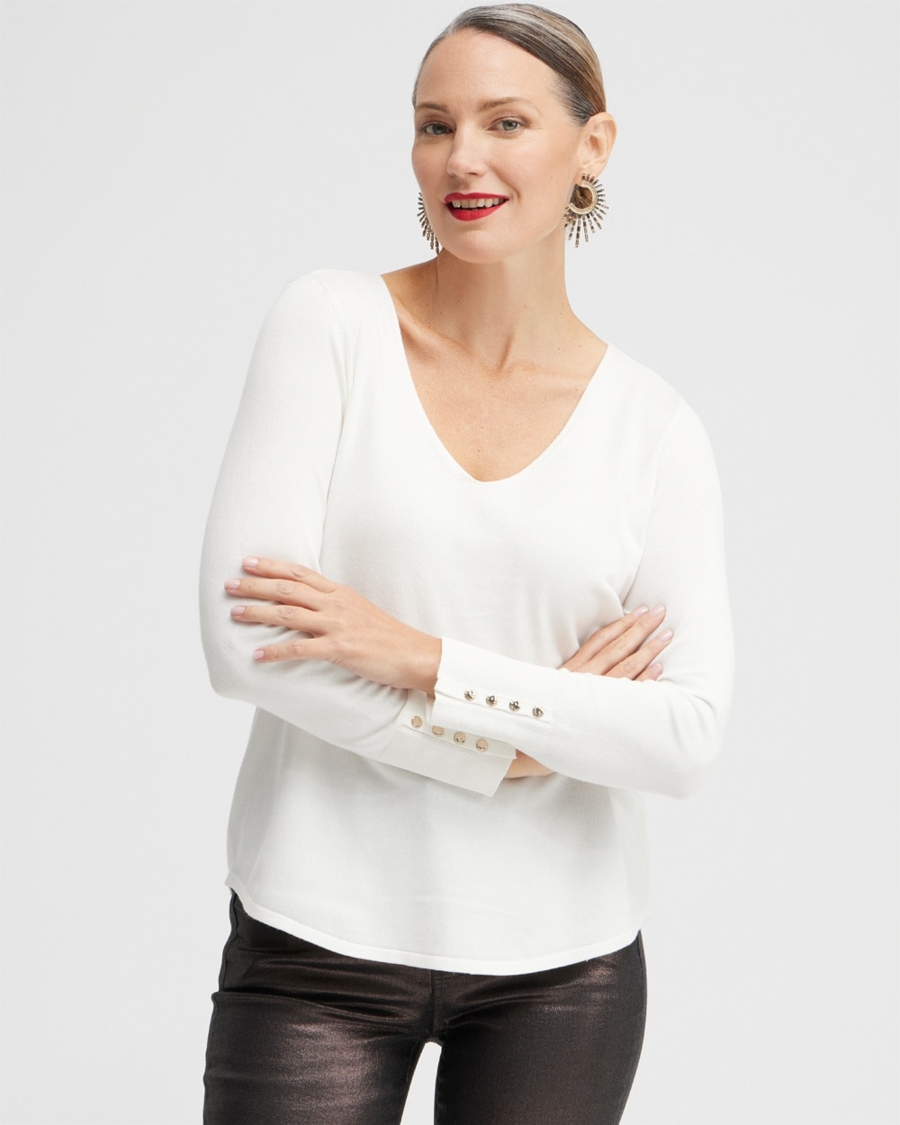 Chico's Sweaters | Button Cuff V-neck Pullover Sweater Ecru