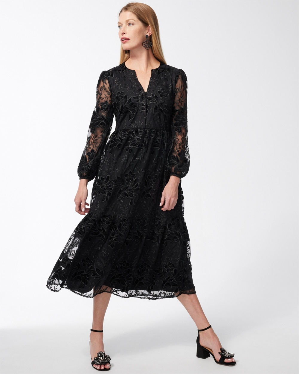 Chico's Dresses & Skirts | Burnout Floral Lace Midi Dress Black