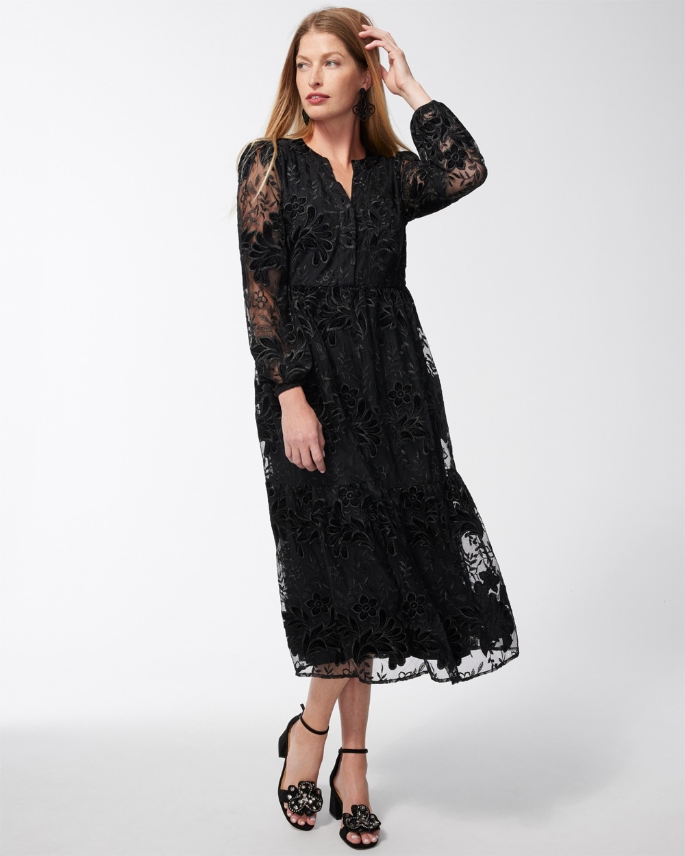 Chico's Dresses & Skirts | Burnout Floral Lace Midi Dress Black