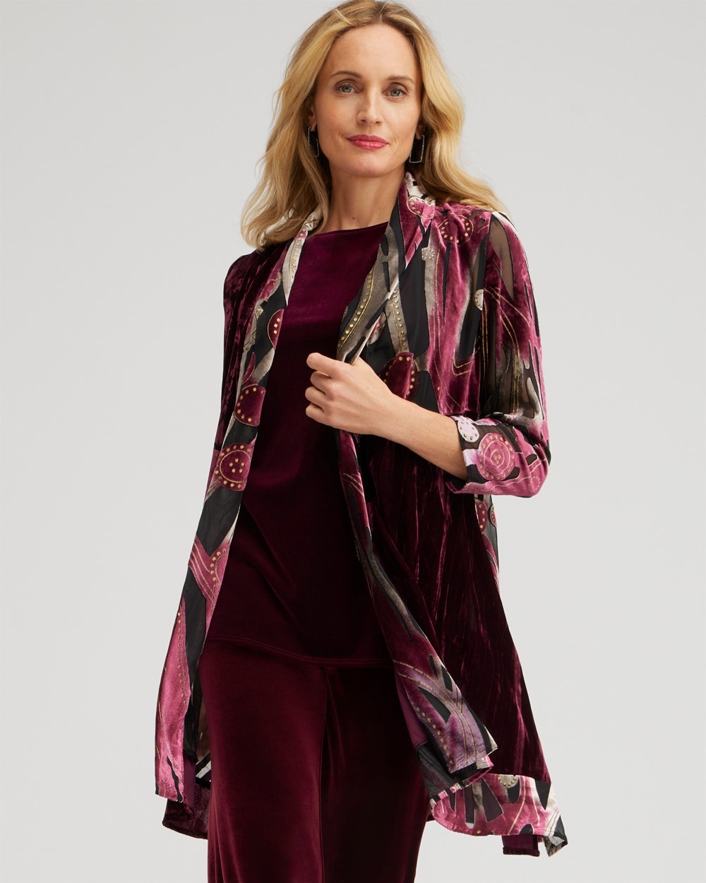 Chico's | Petite Travelers Collection Velvet Burnout Kimono Deep Merlot