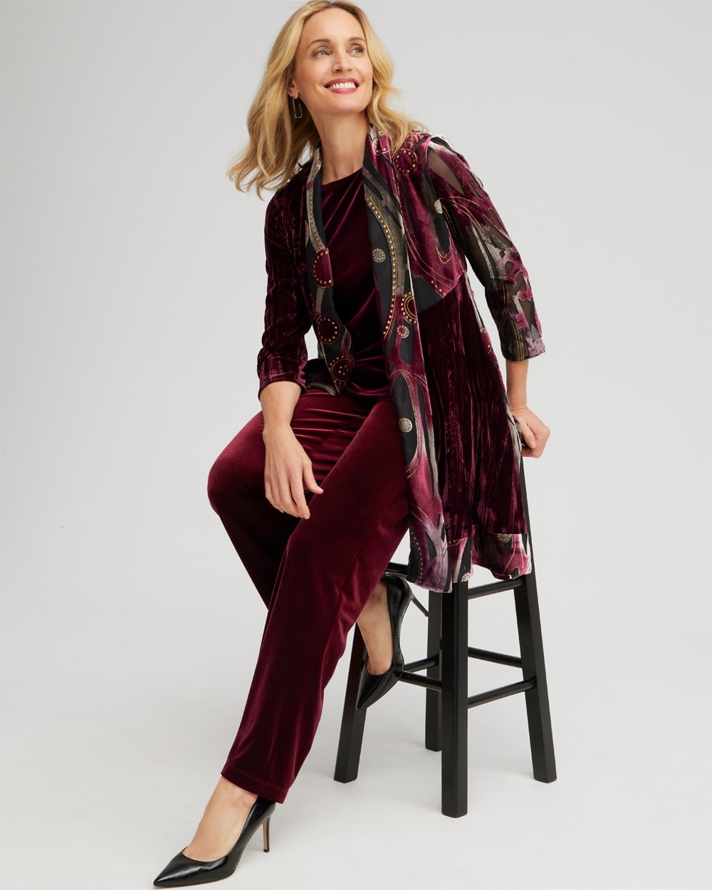 Chico's | Petite Travelers Collection Velvet Burnout Kimono Deep Merlot