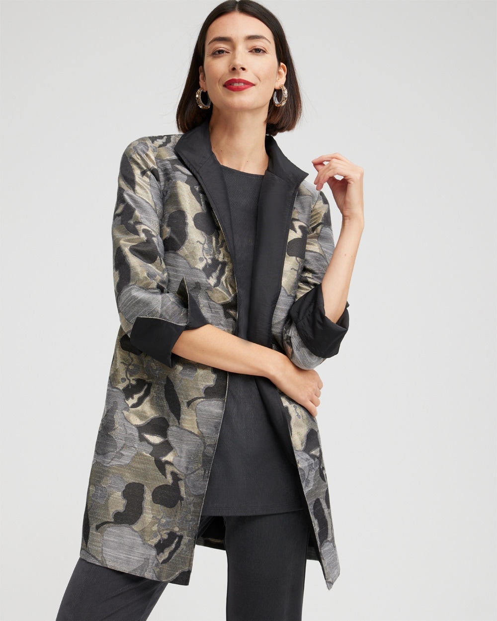 Chico's Jackets & Coats | Travelers Collection Floral Jacquard Jacket Gold/Silver