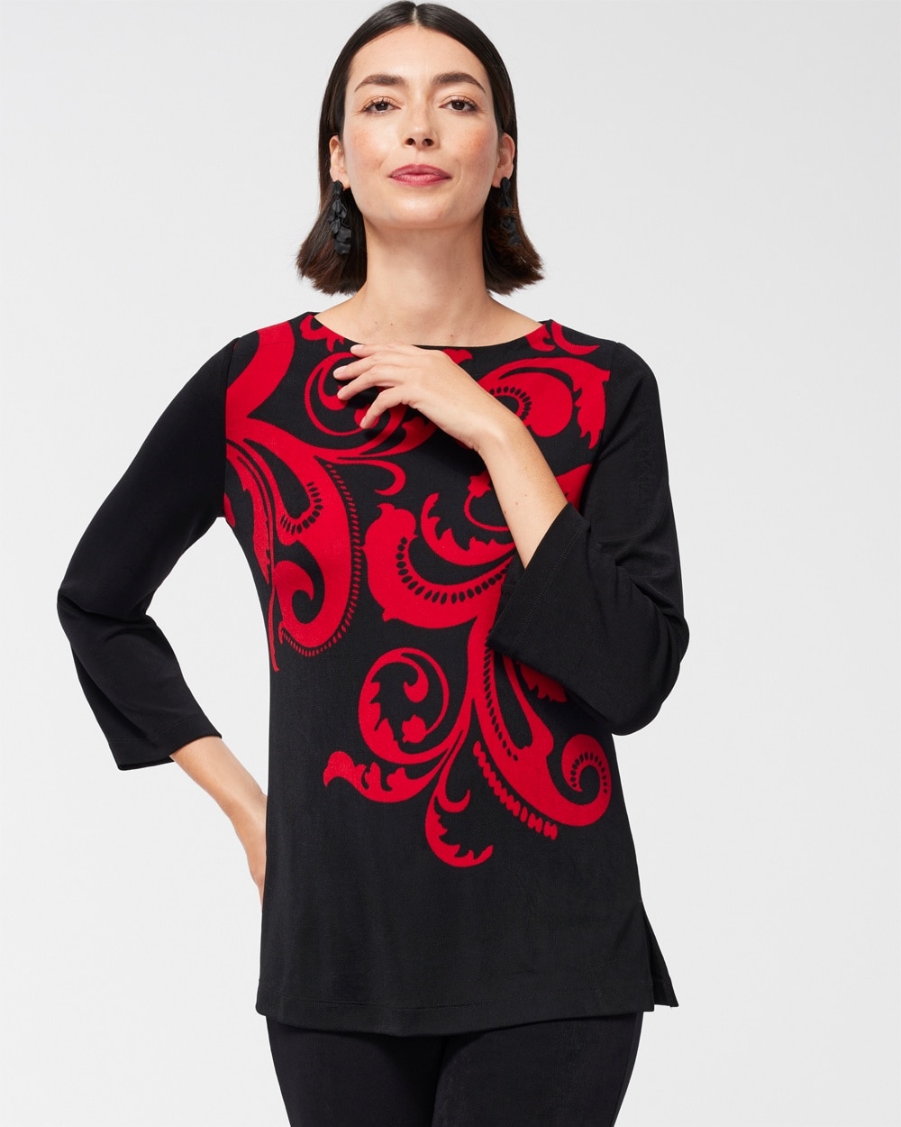 Chico's | Travelers Scroll Print Bell Sleeve Tunic Red Allure