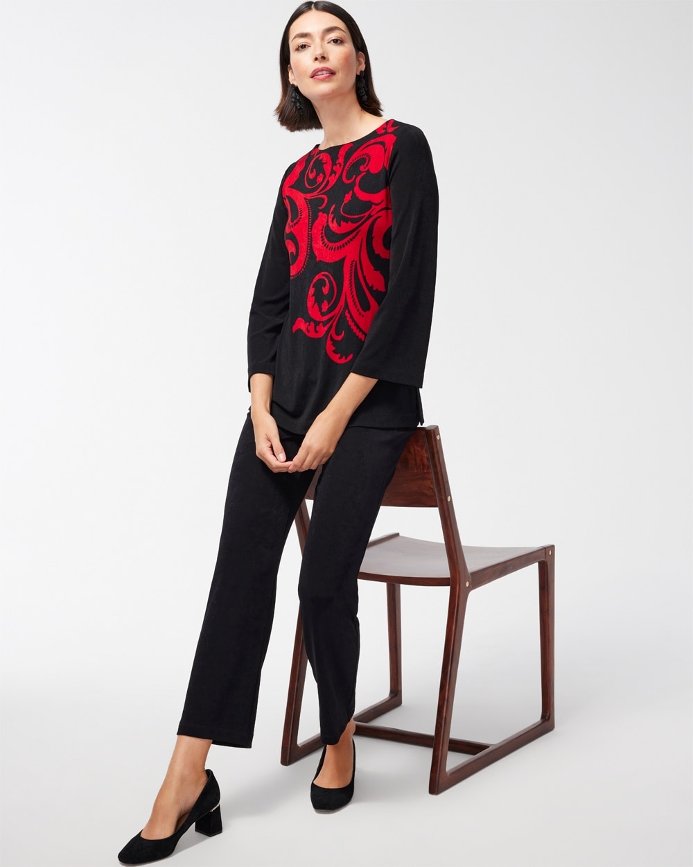 Chico's | Travelers Scroll Print Bell Sleeve Tunic Red Allure