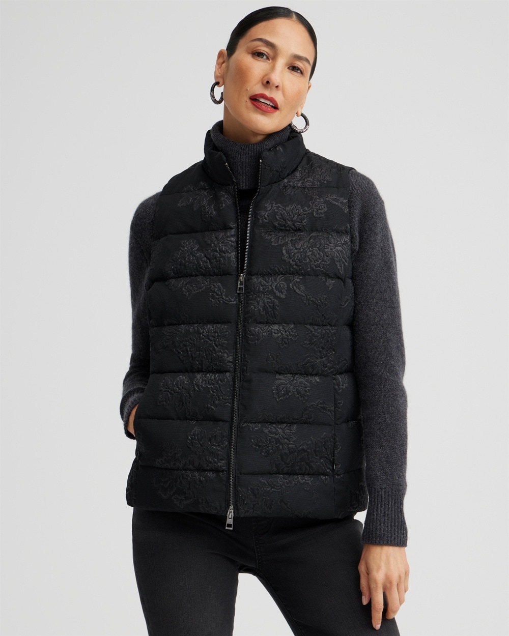 Chico's Jackets & Coats | Jacquard Print Puffer Vest Black/Black Shine