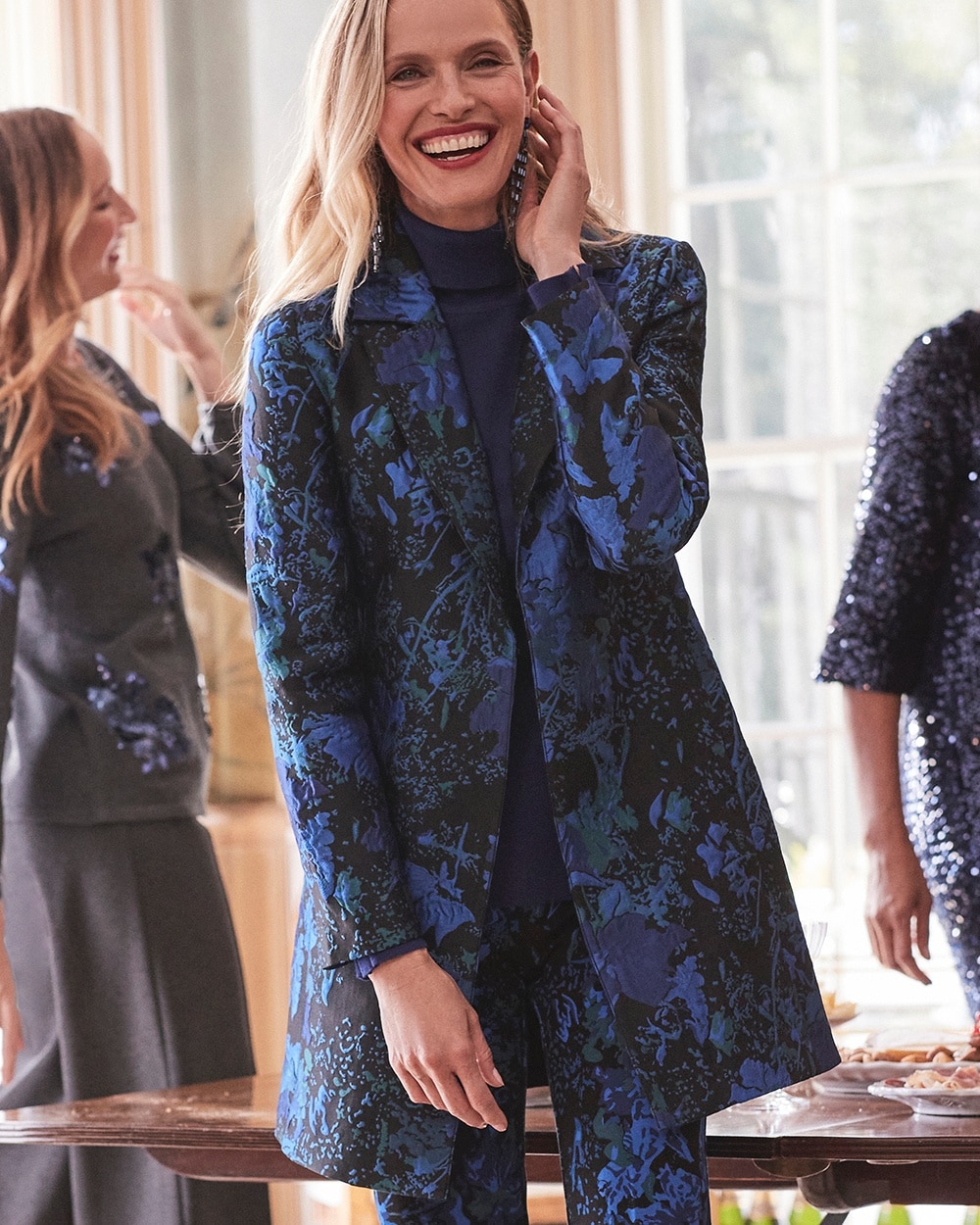 Chico's Jackets & Coats | Jacquard Floral Topper Black And Blue