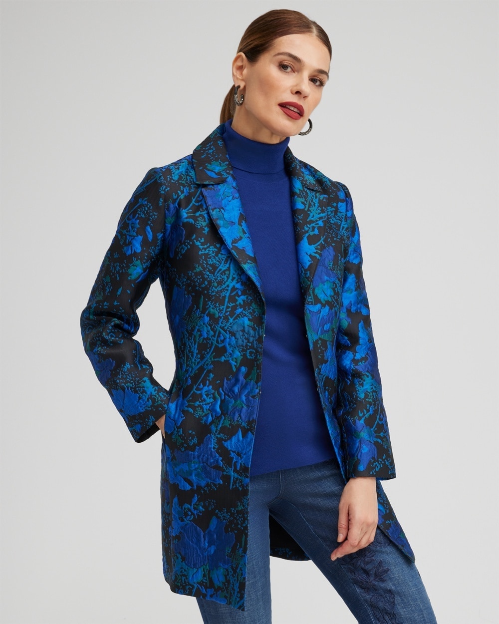 Chico's Jackets & Coats | Jacquard Floral Topper Black And Blue