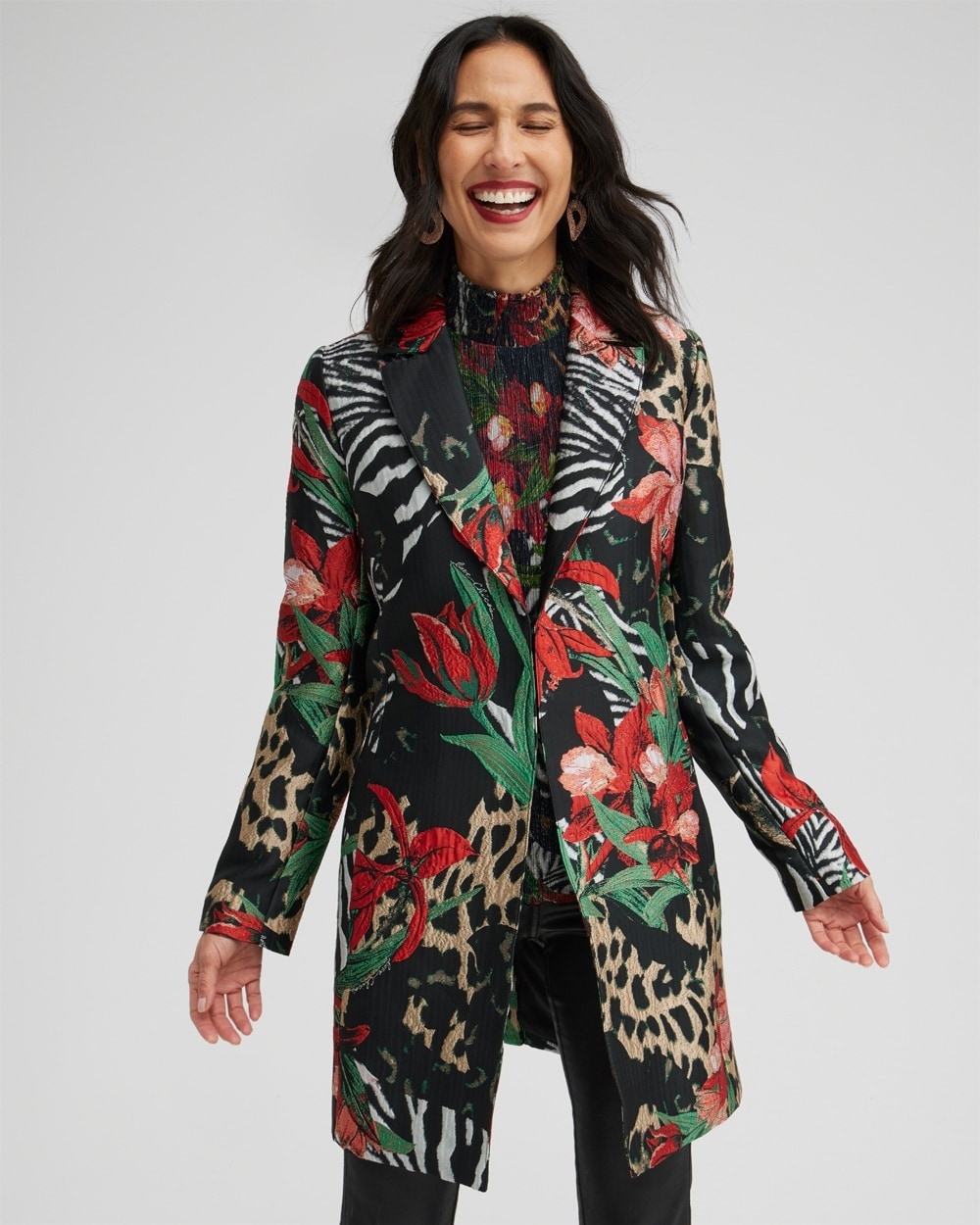 Chico's Jackets & Coats | Jacquard Animal Print Topper Black/Red