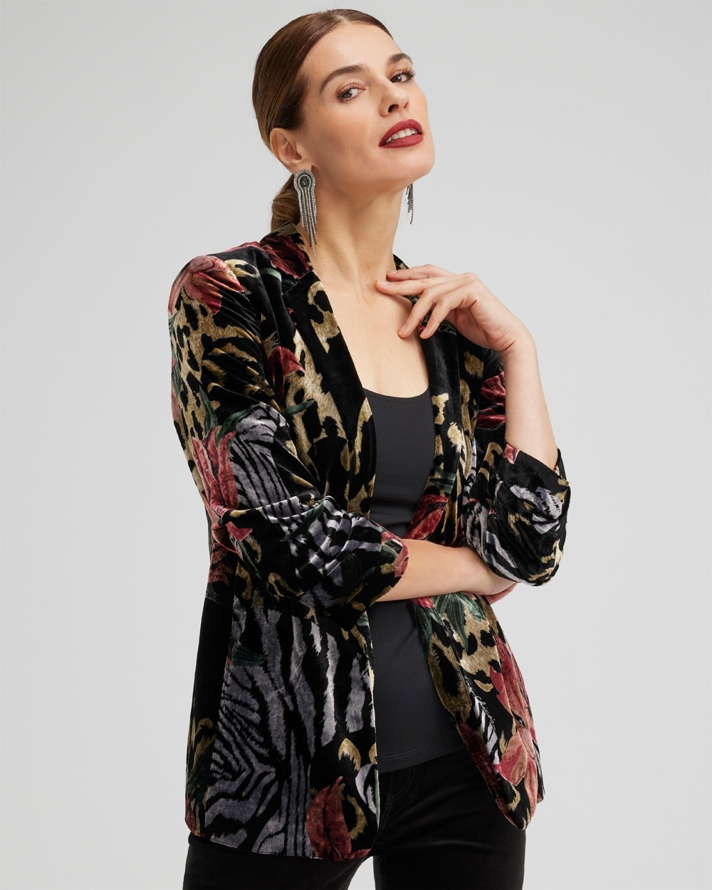 Chico's Jackets & Coats | Velvet Animal Print Blazer Black/Red